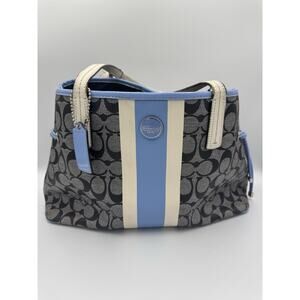 Coach Signature Tote Brown With Blue Trim - Wear On Handles